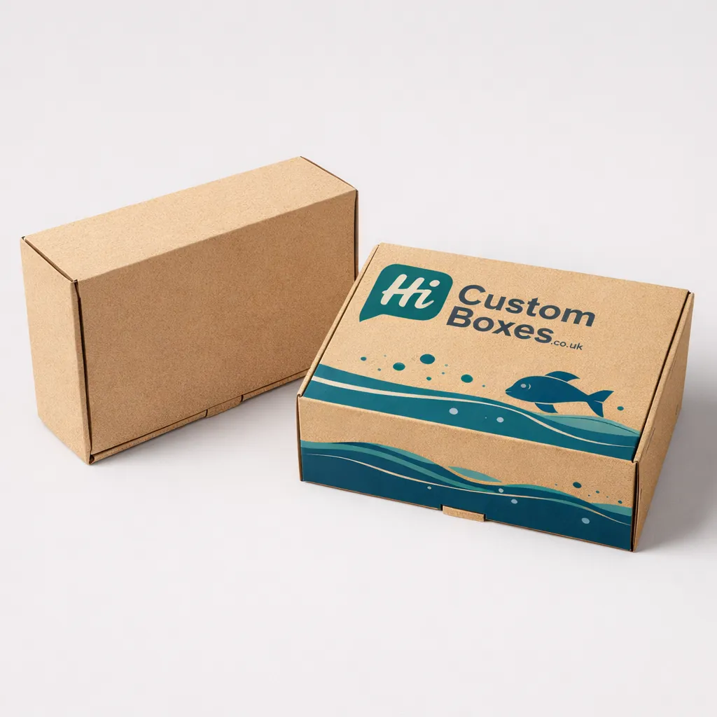 Two rectangular rigid boxes with lids, one plain white and one with bespoke branding.